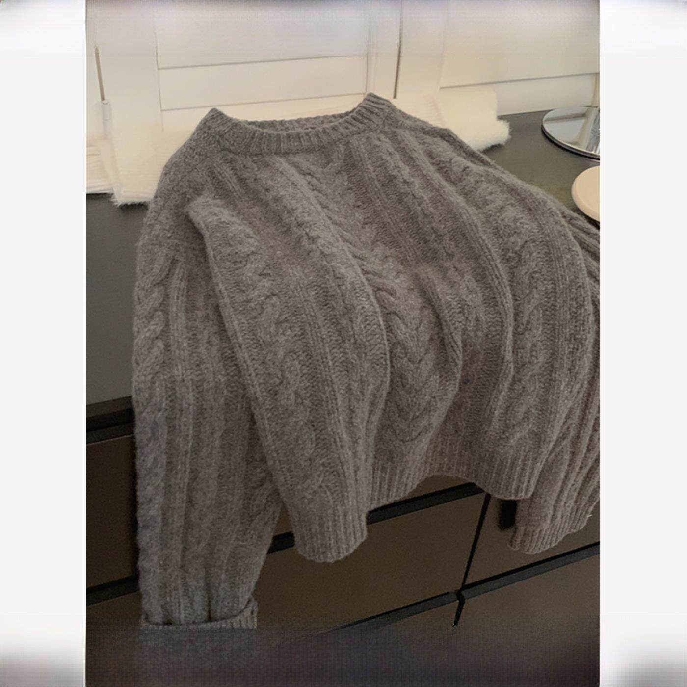 Rouje tusse灰色羊绒麻花套头毛衣女秋冬外穿内搭打底羊毛针织衫