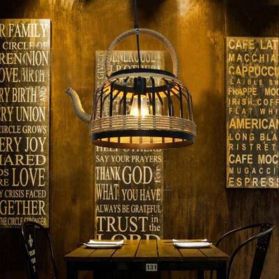 复古麻绳吊灯工业风餐厅水壶灯饭店网咖酒吧创意铁艺茶壶吊灯