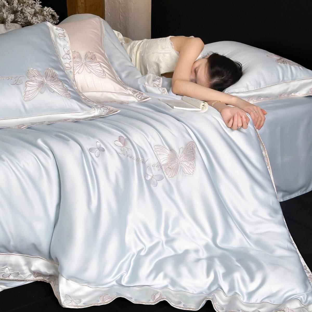 少女心100S天丝四件套浪漫蝴蝶刺绣被套床单柔软全棉床上用品1