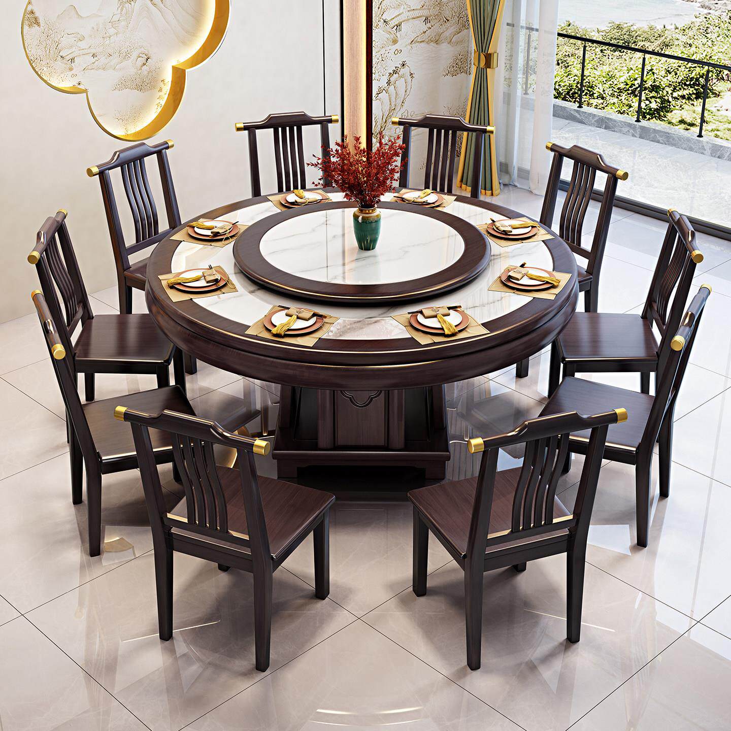 新中式 实木内镶岩板餐桌家用大圆桌电磁炉火锅桌2米橡木高档饭桌