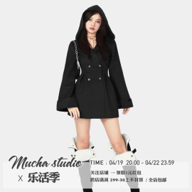 mucha原创澳毛双面尼，羊毛连帽双排，扣中长款黑色毛呢大衣外套女冬