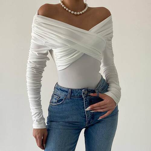 Women's one shoulder collar pleated long sleeved top,