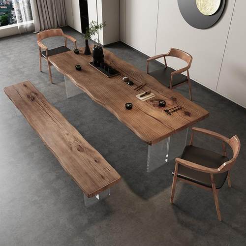 新中式亚克力实木茶桌原木大板悬浮茶台简约客厅茶室茶桌椅组合