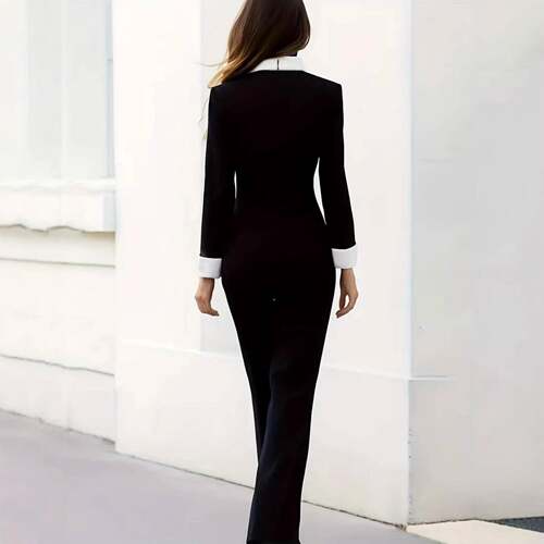 Elegant Patchwork Suit Romper Double Button Lapel Jumpsuit