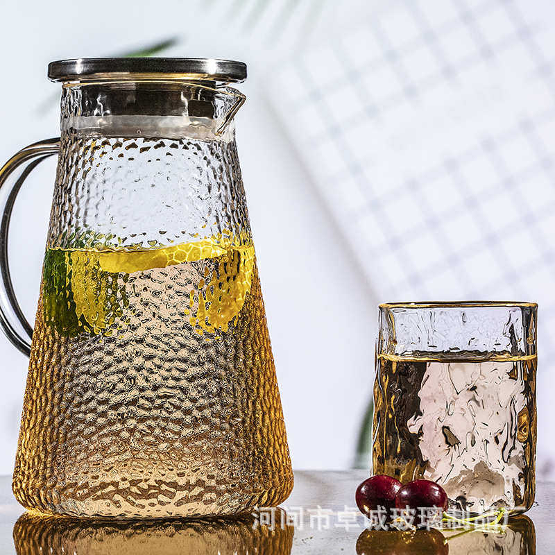 凉水壶 高硼硅锤纹冷水壶 大容量玻璃果汁凉水壶带把透明杯具