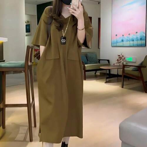 Casual Basic V-Neck Half Sleeve Split Long Dress with