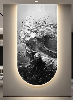 黑白灰海浪玄关装饰画画侘寂风肌理走廊拱形挂画画风生水起入户壁