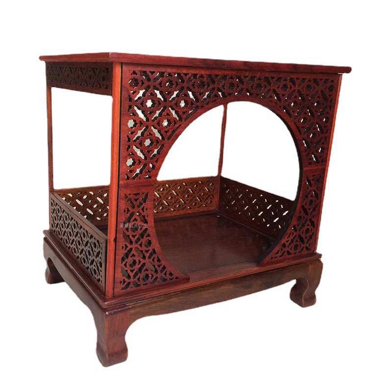 酸中式微型底座红床 摆件小家具圆月模型门艺品红木雕工枝缩明清