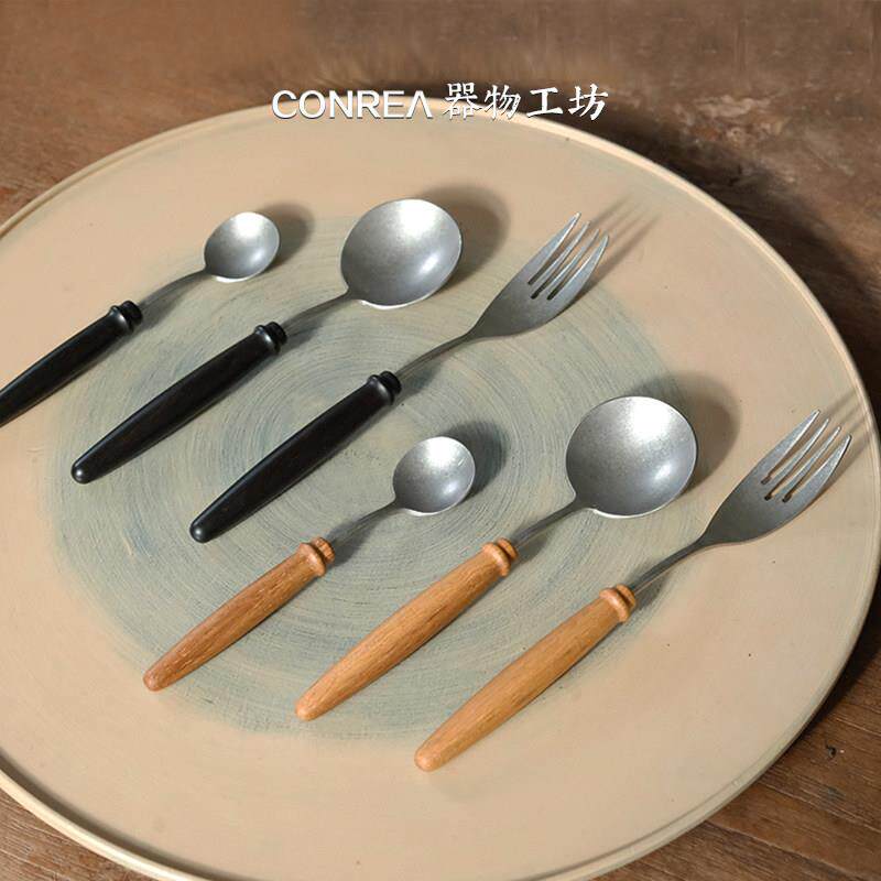 手作柚木紫光檀木餐勺餐叉甜品勺不锈钢木筷套装食品勺轻奢级餐具
