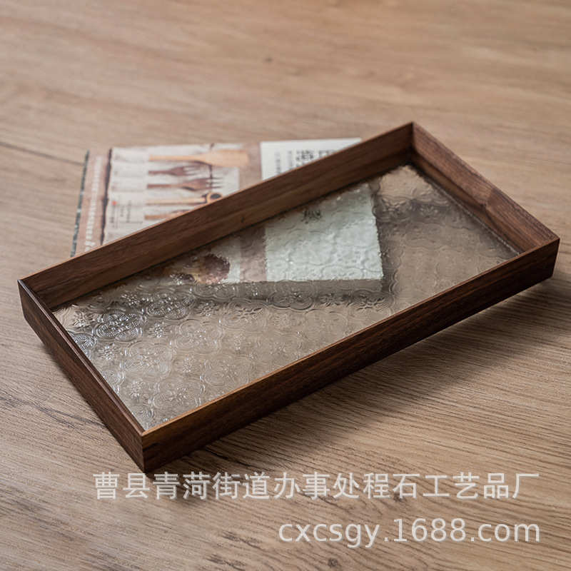 访旧复古海棠玻璃托盘木质压花玻璃托盘老式功夫茶具厂家现货零售