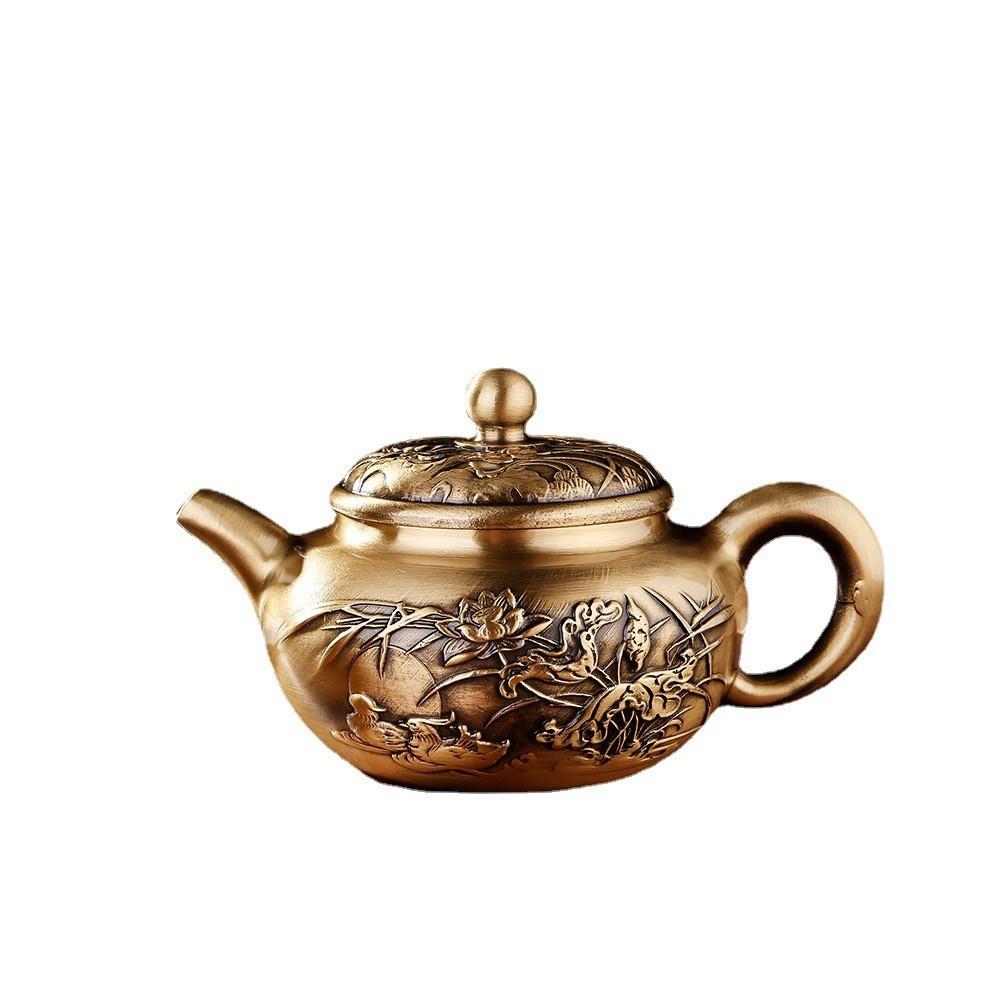 黄铜小茶壶鸳鸯手把壶摆件茶具工艺品仿古桌面摆件酒壶收藏把玩件