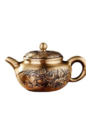 黄铜小茶壶鸳鸯手把壶摆件茶具工艺品仿古桌面摆件酒壶收藏把玩件