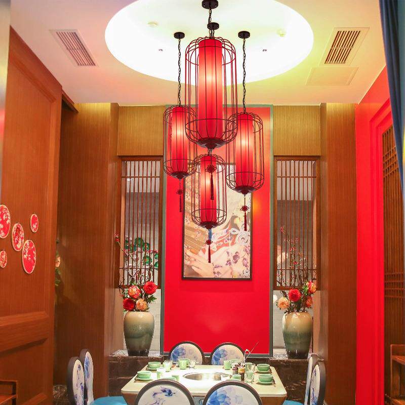中式小吊灯仿古中国风餐厅饭店茶楼过道布艺红色灯笼装饰火锅灯具