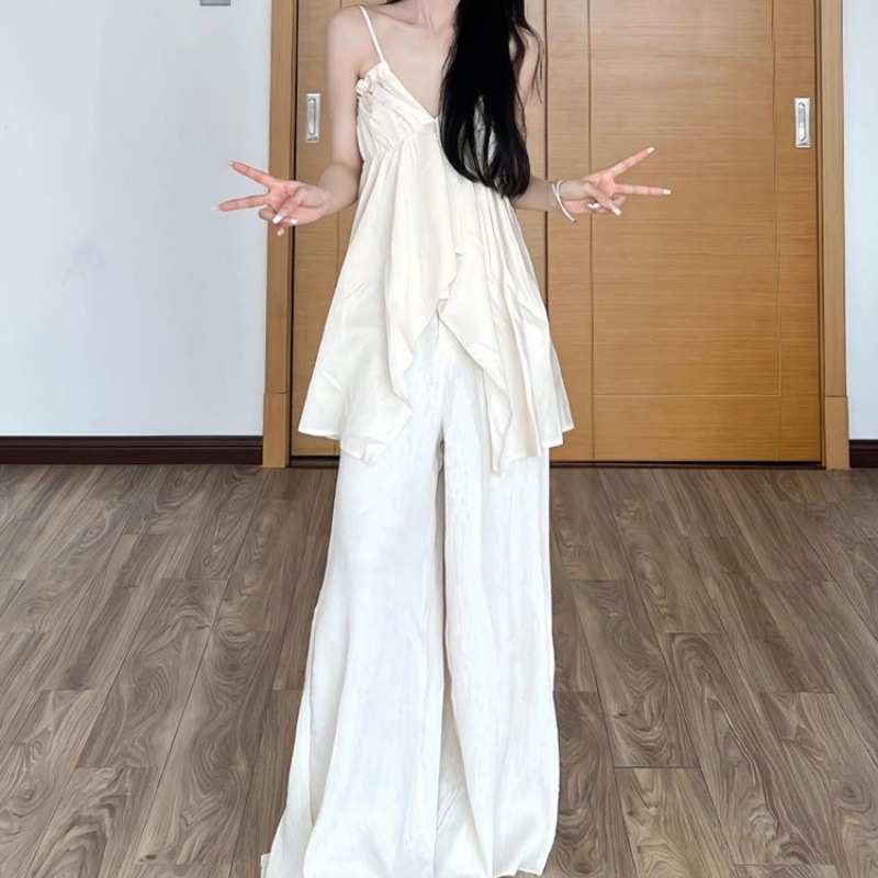 慵懒风休闲套装春夏宽松V领吊带上衣低腰拖地感阔腿裙裤两件套女