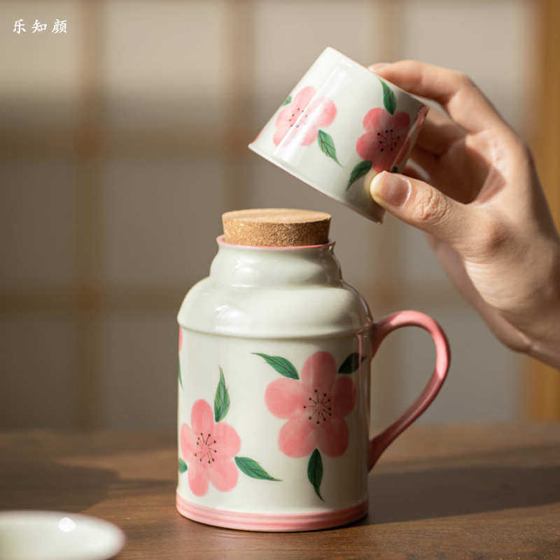 草木灰手绘桃花焖茶壶小暖壶中式家用茶壶陶瓷功夫茶具大容量单壶