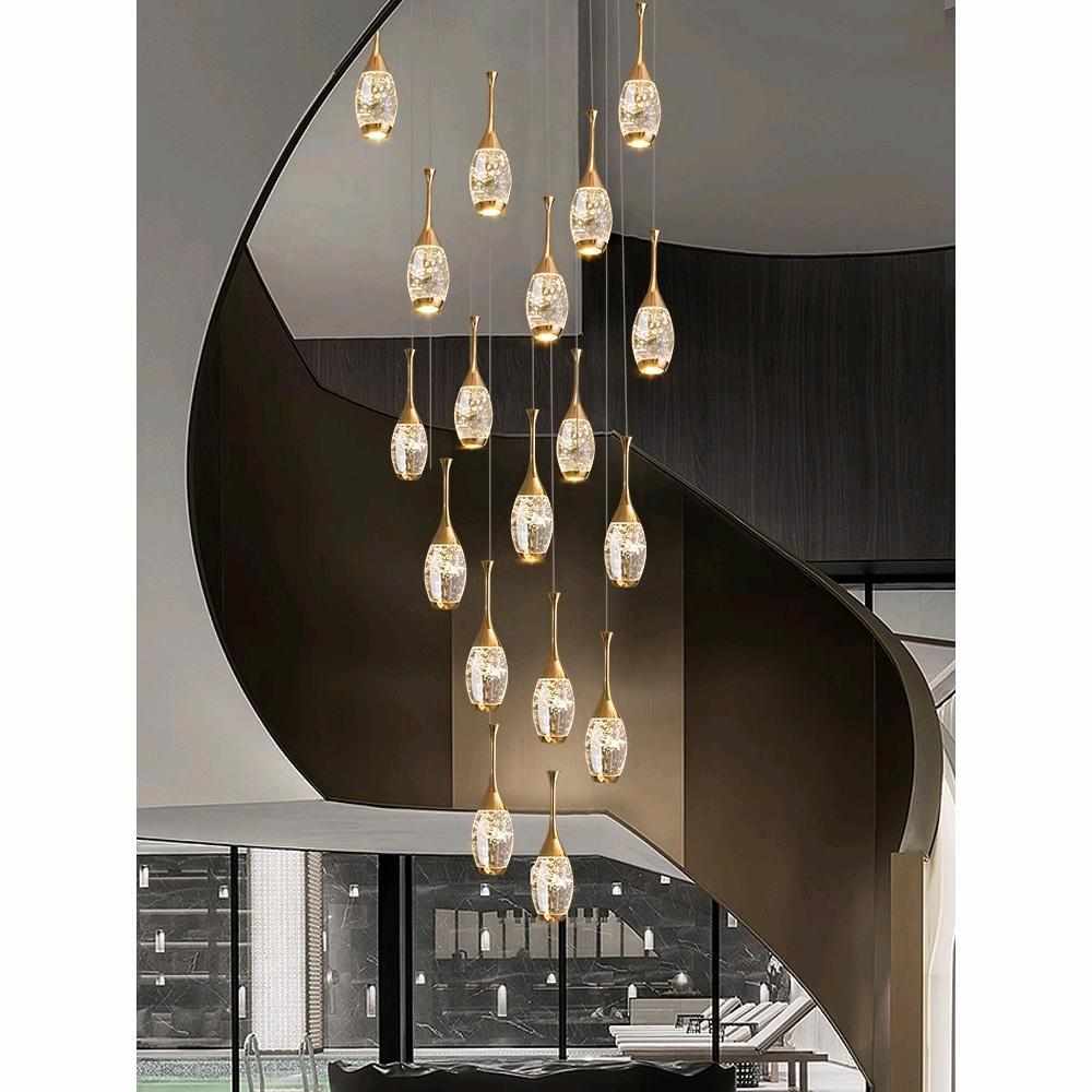 2024年新款公寓轻奢气泡水晶旋转楼梯挑空别墅复式楼梯吊灯