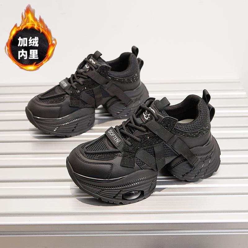 高档老爹鞋女2款5新秋20冬季高帮真皮轻便显脚小厚底增高休闲运动