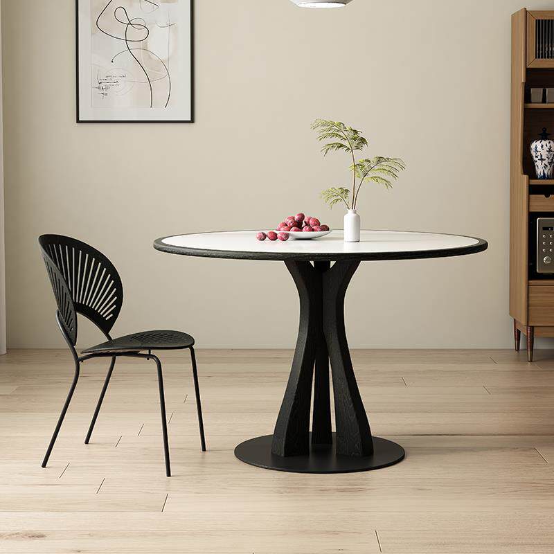 W7多塔圆形餐桌家用小户型包YIF法式复厅古风餐纯白纯黑实木岩边