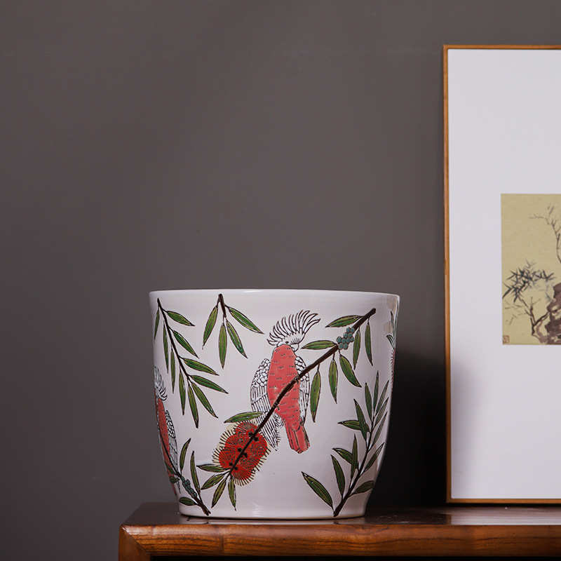 景德镇宽口陶瓷花盆手绘釉下彩高端陶瓷花瓶电视柜花盆摆件批发