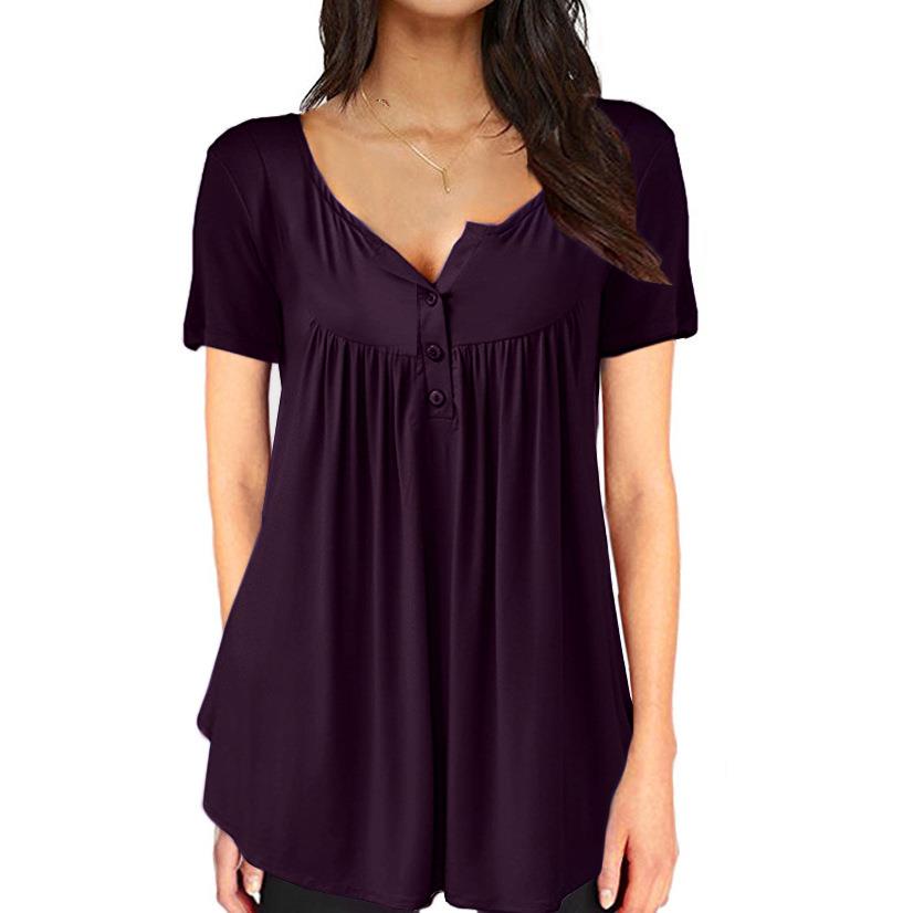 Womens pleated button loose short-sleeved T-shirt top