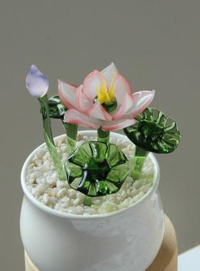 淄博特产创意琉璃仿真荷花盆栽玻璃工艺品办公室摆件国风绿植礼物