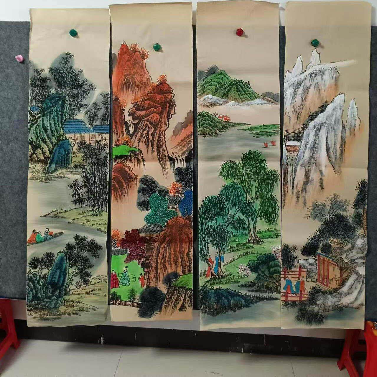 美奇画院四条屏1.4*0.35米 山水纯手绘国画春夏秋冬仿古山水