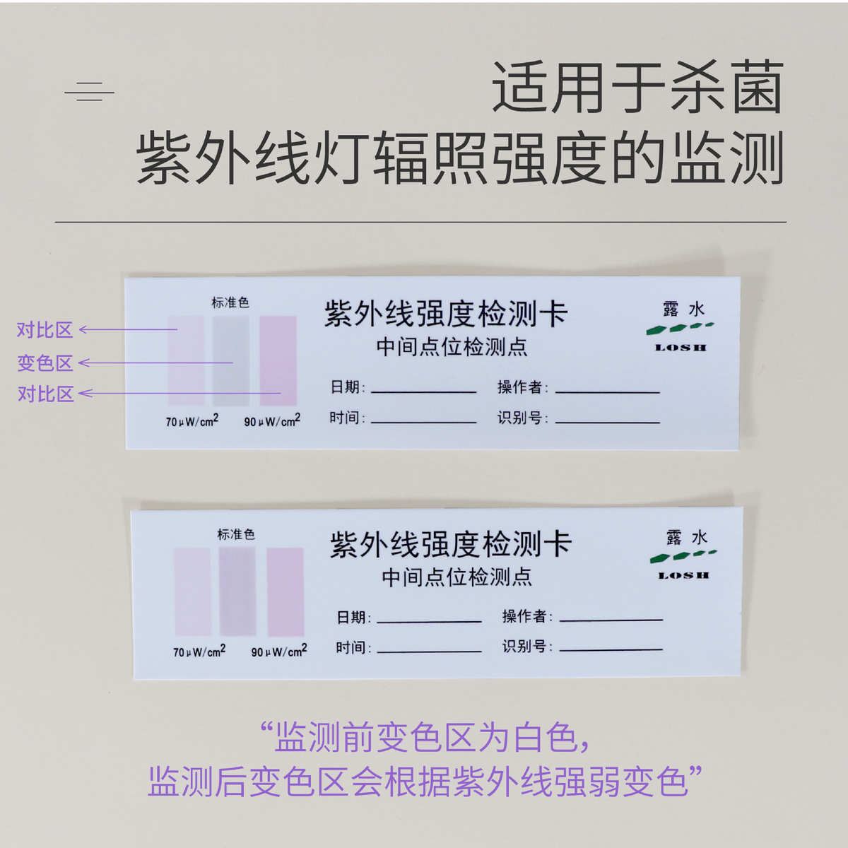 露水紫外线检测卡消毒检测试纸卡消毒灯强度检测指示卡条100片/盒