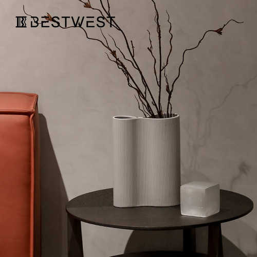 best花装家居装饰品花瓶 器藕粉陶瓷色软玄关条纹 west摆件桌面
