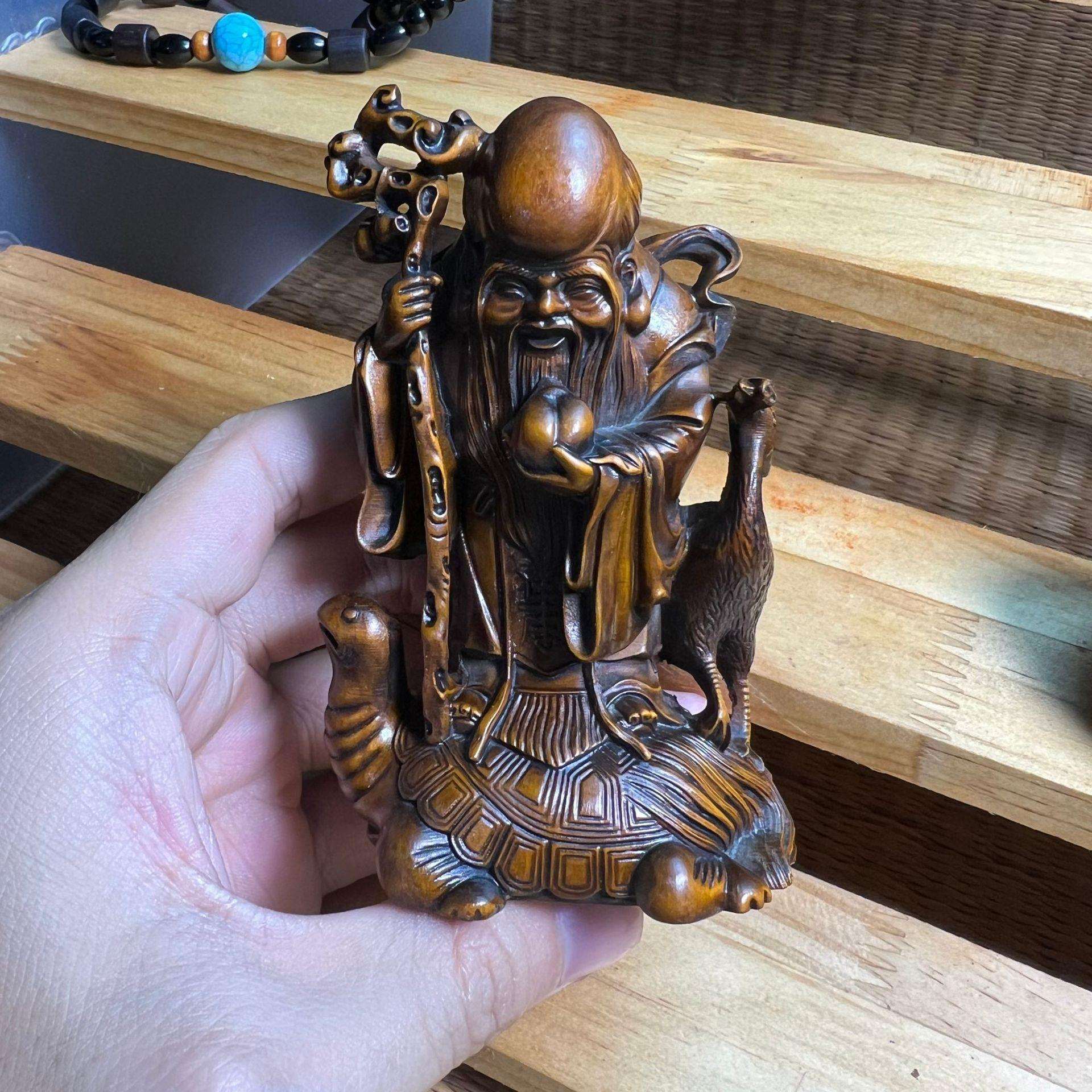 旧藏小叶黄杨木雕刻骑龟寿星工艺品仙鹤摆件家居书房桌面装饰品