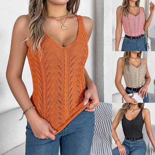 Summer New Pure Color Solid V Neck Hollow Out Sleeveless