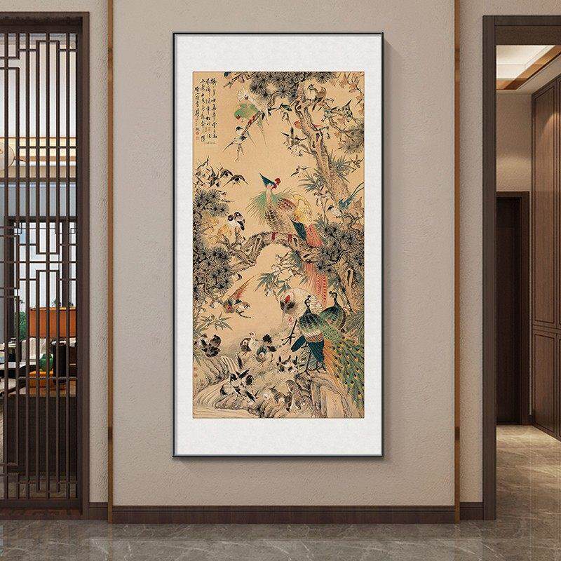百鸟朝凤图入口入口装饰画新中式走廊过道花鸟中国画挂画茶室壁画