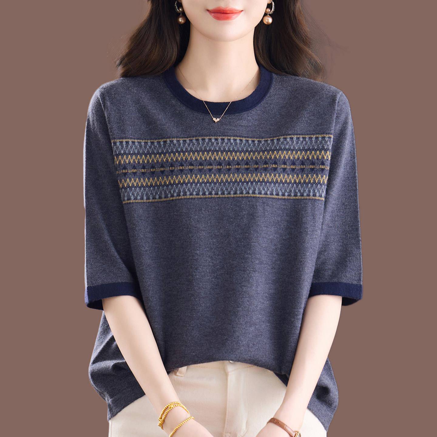 春夏季新款桑蚕丝T恤女宽松时尚中袖针织冰丝圆领百搭上衣遮肚女
