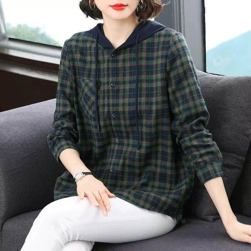 格子长袖T恤女2025春秋新款宽松大码中年妈妈时尚连帽打底衫上衣