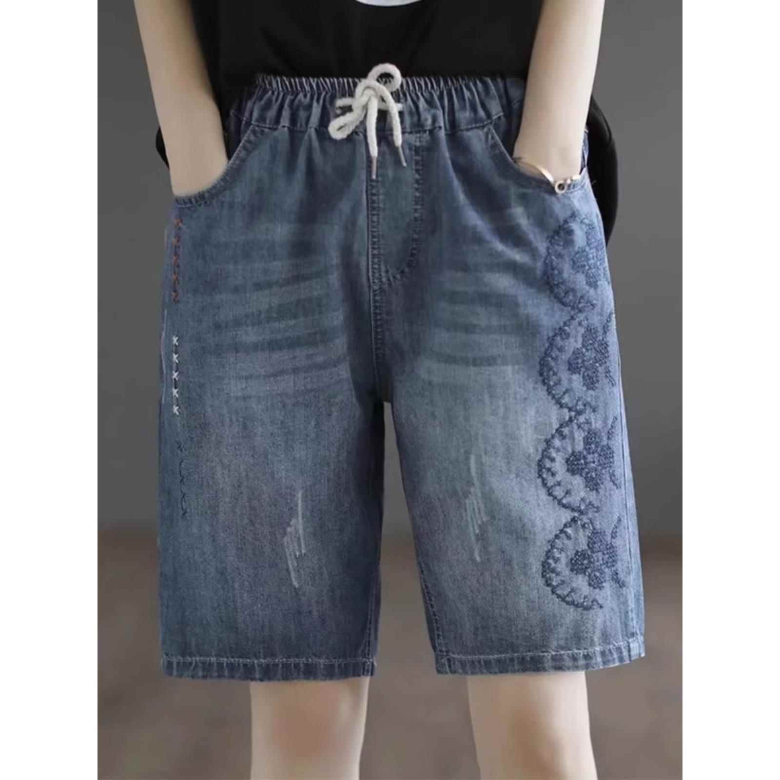 覆古刺绣牛仔短裤女夏季薄款小个子大码宽松显瘦五分直筒裤哈伦裤