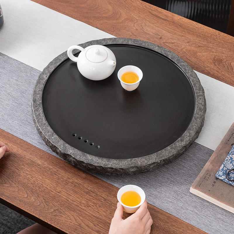 乌金石茶盘功夫天然圆形茶具简约家用干泡茶台排水小托盘石头茶海