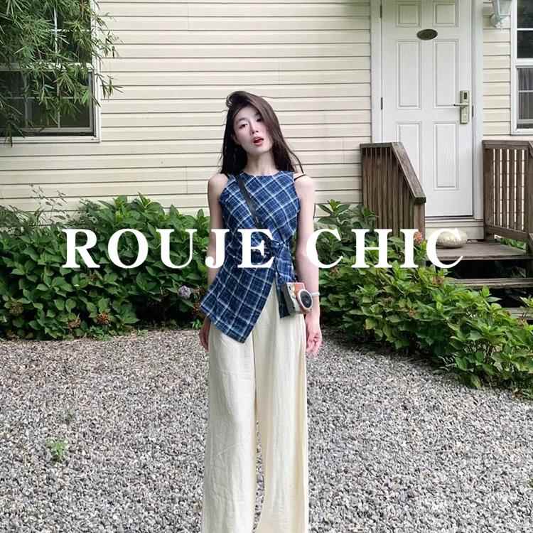 法国rouje chic不规则无袖蓝色格纹背心上衣女夏季气质阔腿裤套装