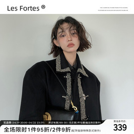 Les Fortes/23AW 秋冬季黑色珍珠装饰廓形毛呢夹克宽松衬衫外套女