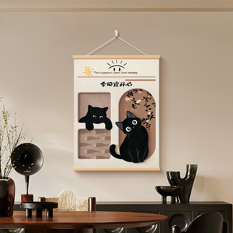 中古风猫咪电表箱装饰画卧室儿童房墙面遮丑挂件复古餐厅布艺挂画图片