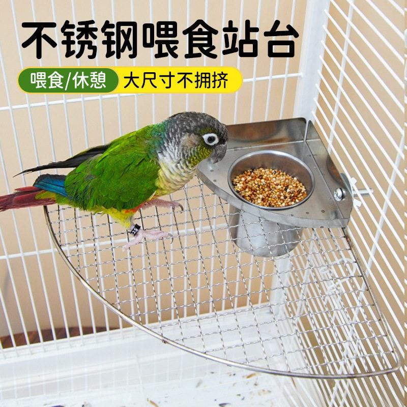 鹦鹉不锈钢喂食架虎皮玄凤休息平台鹦鹉扇形站板带喂食盒站台