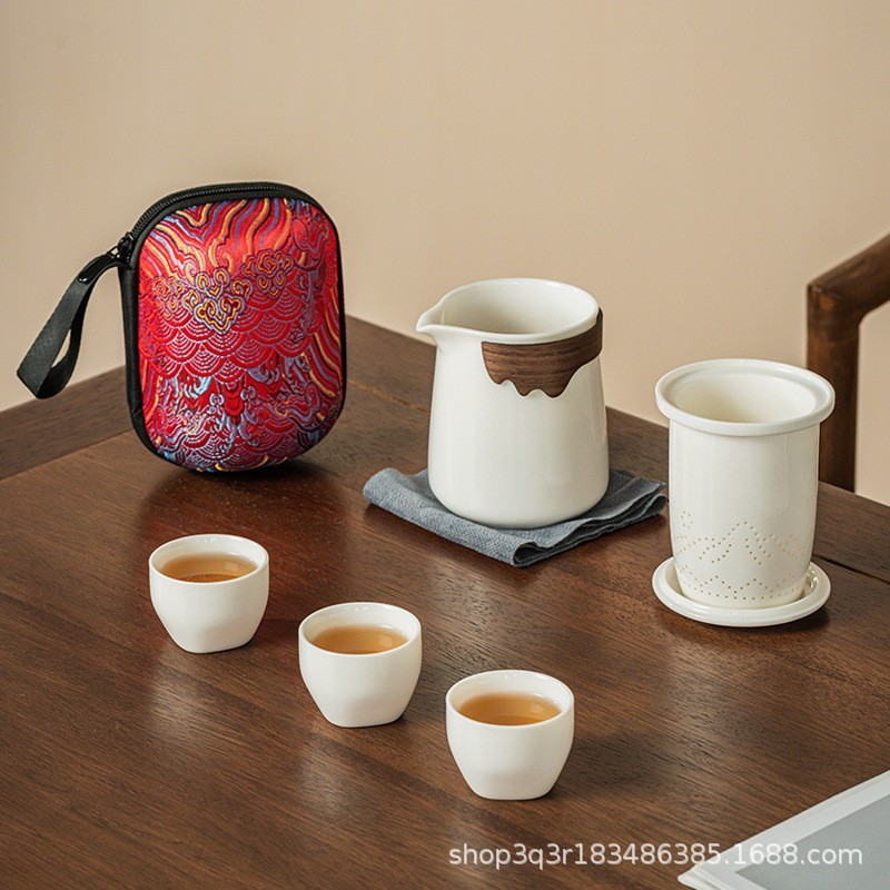 旅行茶具一壶三杯便携式包防烫羊脂玉白瓷快客杯套装户外露营茶具