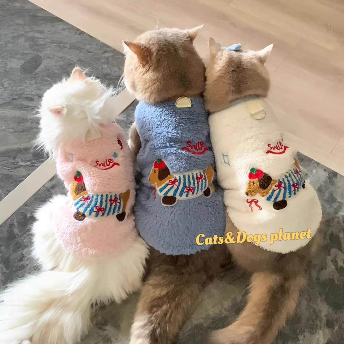 猫咪衣服腊肠狗秋冬新款珊瑚绒加厚带牵引扣绣花图案小型犬服装