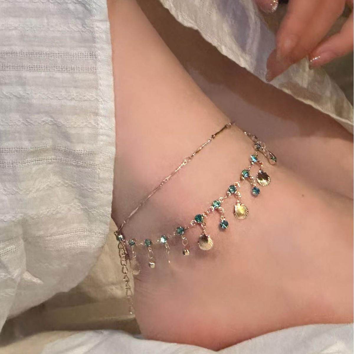 蓝色之恋超闪双层贝壳脚链女夏季感叠戴锁骨链流苏颈链精致足链