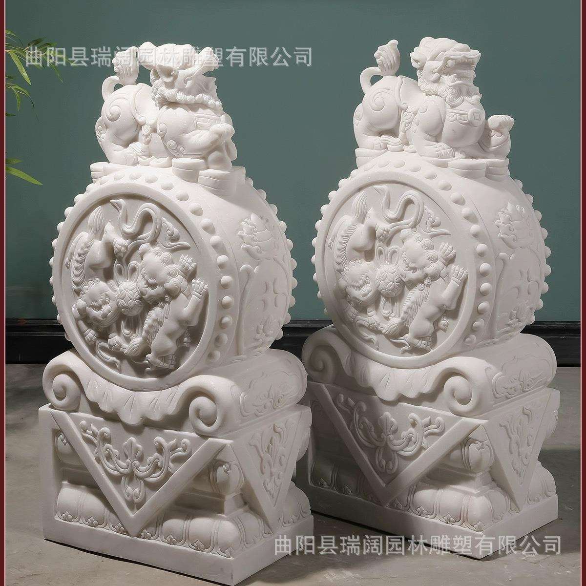 石雕汉白玉狮子门墩抱鼓石一对家用中式酒店麒麟小象别墅门口摆件