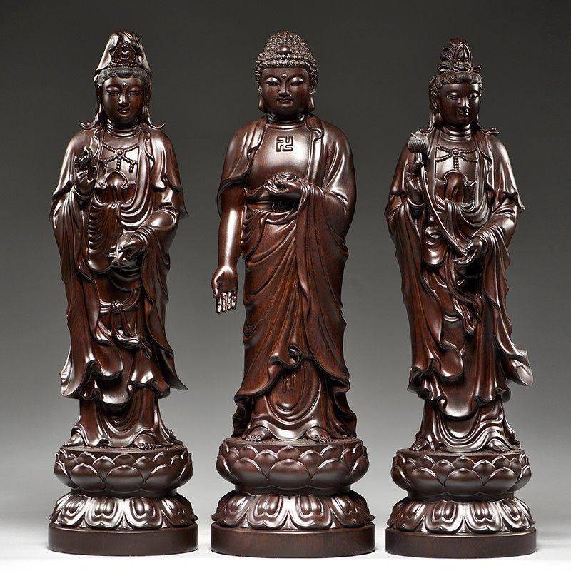 黑檀木雕西方三圣摆件实木雕刻观音菩萨佛像家居客厅店铺办公装饰
