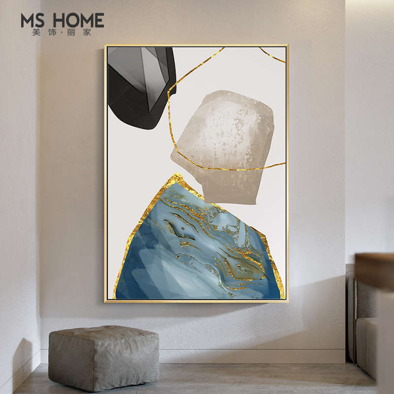现代简约抽象石头装饰画客厅沙发背景墙挂画金边线条创意室内挂画图片