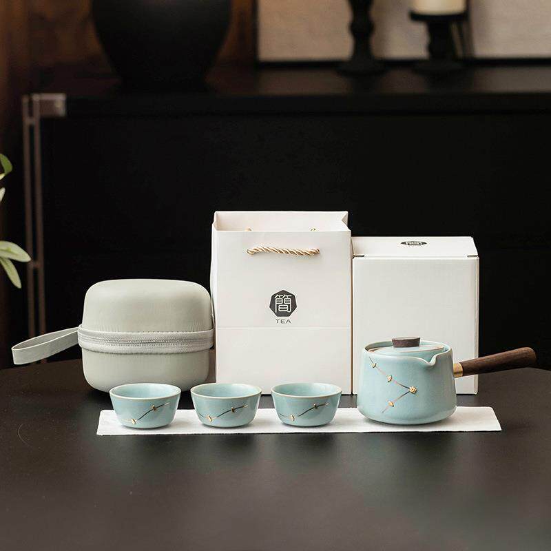 天青汝窑锔钉侧把壶陶瓷茶壶单壶创意转转壶泡茶壶便携式一壶三杯