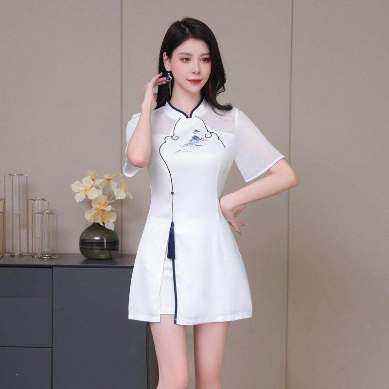 新中式年轻减龄旗袍足疗采耳技师服柔式工作服性感连衣裙套装
