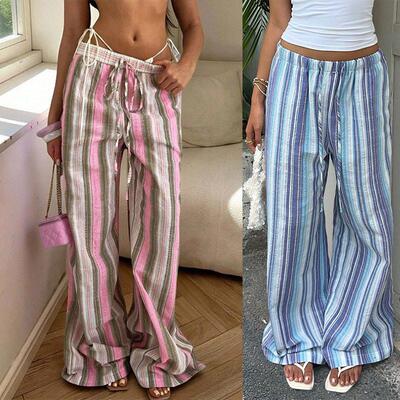 Women's Striped Linen Wide Leg Pants Beach Vacation Wear