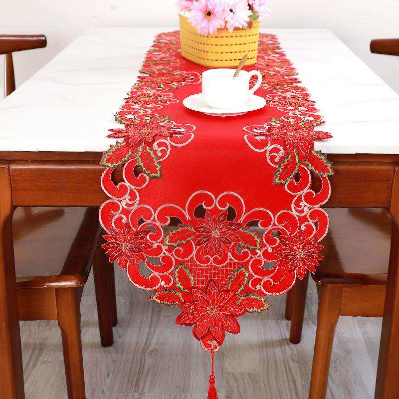 跨境新款圣诞桌旗茶旗布 创意餐厅绣花餐桌桌布节日装饰茶桌垫布