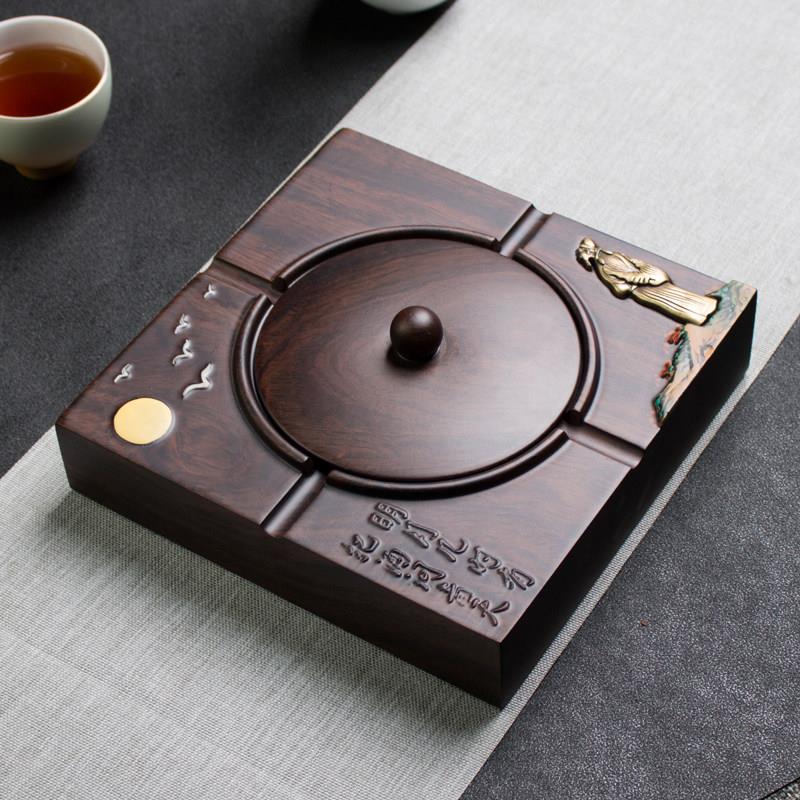 烟灰缸带盖子家用防风烟灰缸创意个性潮流客厅黑檀实木大号覆古中